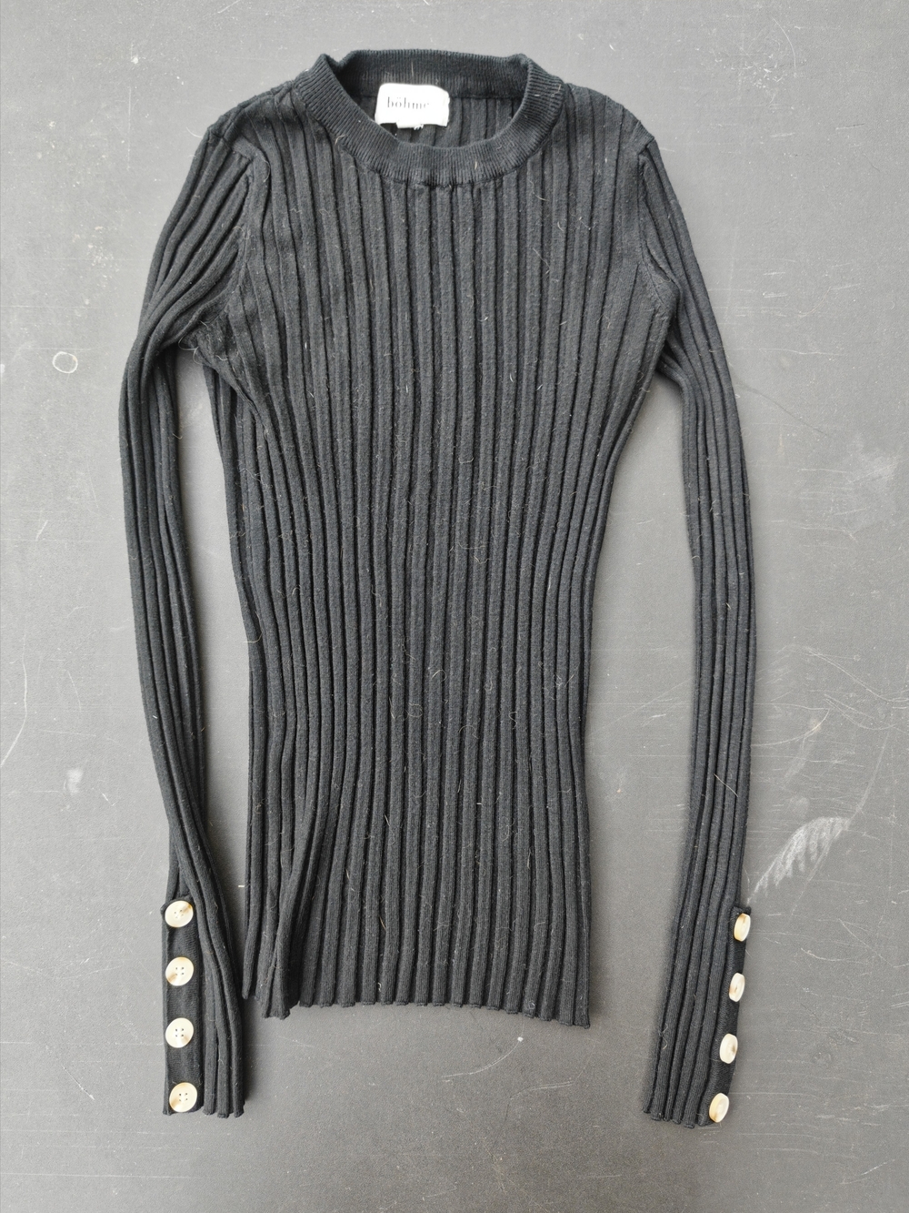 bohme Black Ribbed Long Sleeve Sweater Top with Button Cuffs